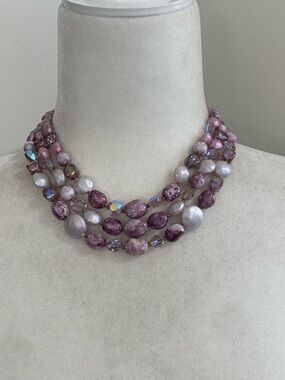 1950s Pastel Pink Purple Pearl Retro Triple Strand Necklace Stunning Beauty